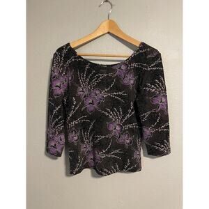 Vintage Jonden Womens Top Large Black Floral Glitter Deadstock Whimsigoth Y2K